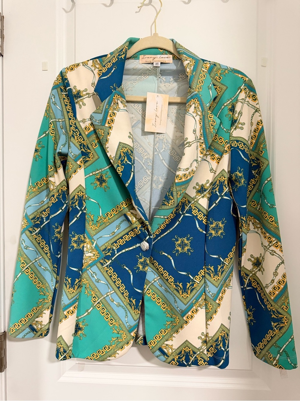 Patterned Teal & Blue Single-Button Blazer